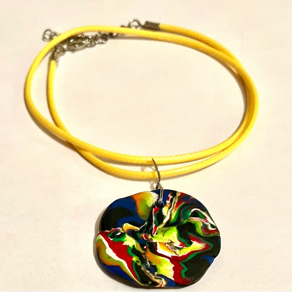 Handmade Clay Necklace Primary Colours Red Blue Yellow Cord Reversible Unique